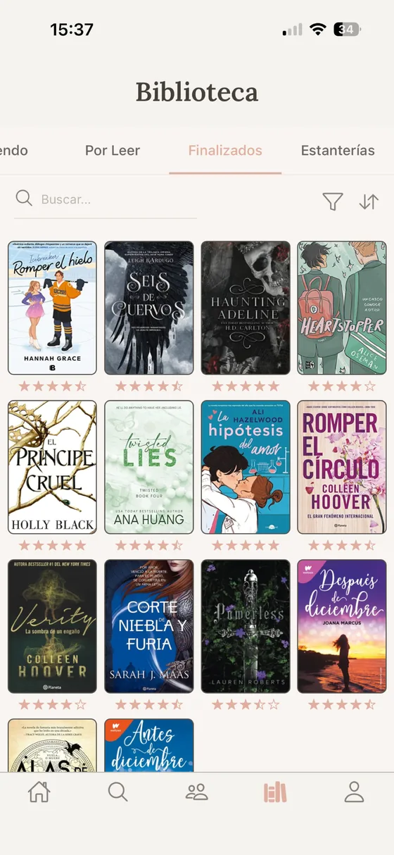Biblioteca de Versory con las portadas y las valoraciones de los libros finalizados