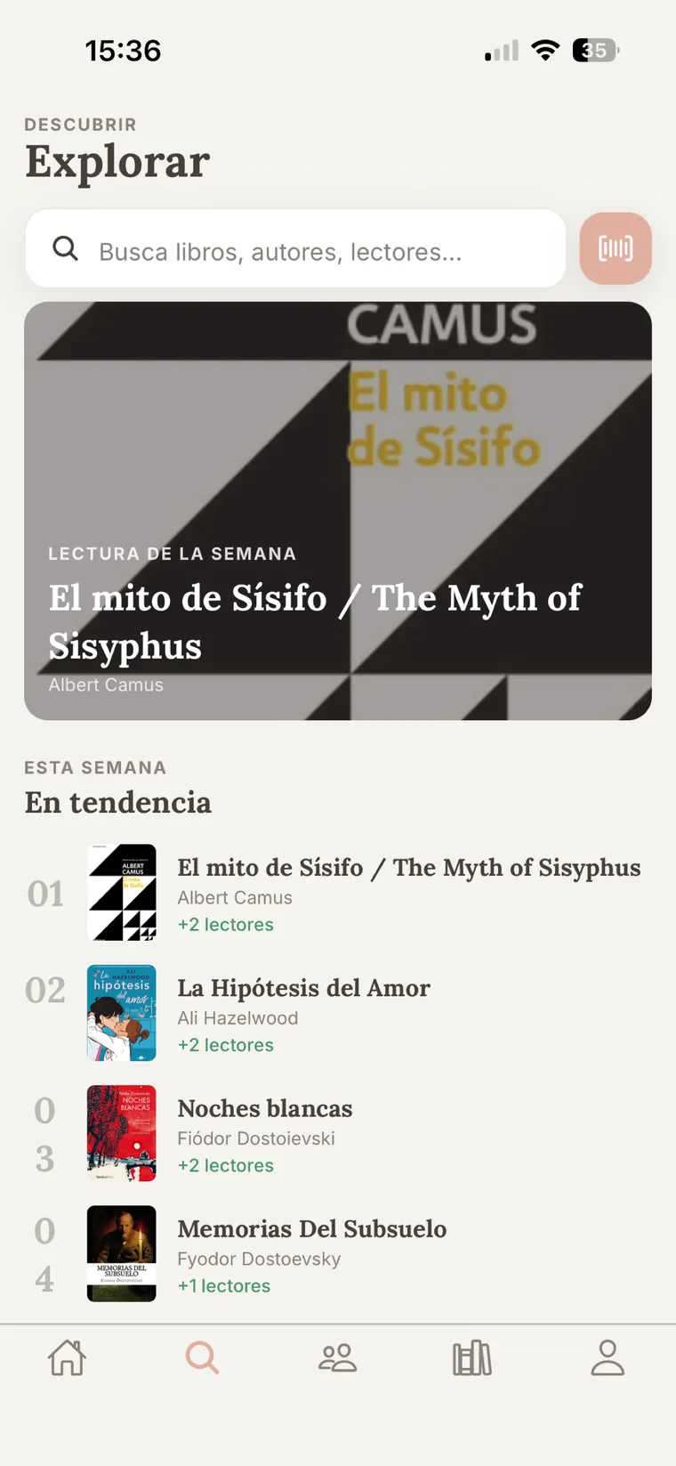 Pantalla de explorar de Versory con la lectura de la semana y los libros en tendencia
