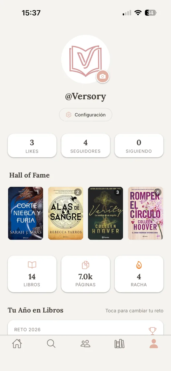 Perfil de Versory con el Hall of Fame, los libros leídos, las páginas y la racha
