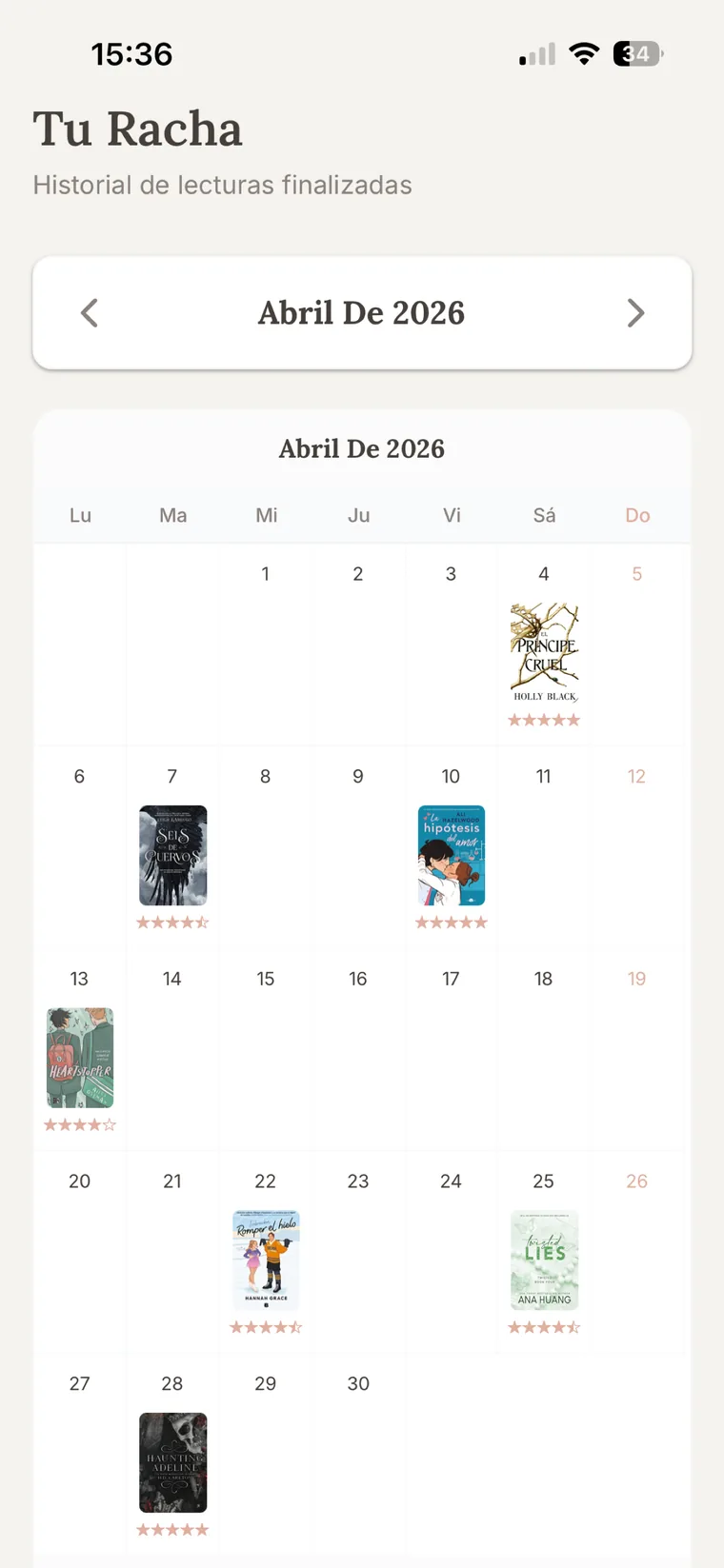Calendario de racha de Versory con las portadas de los libros terminados en abril de 2026