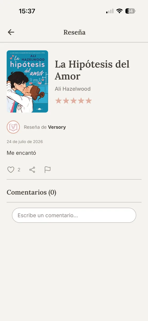 Reseña de un libro en Versory con la valoración, el texto y los comentarios